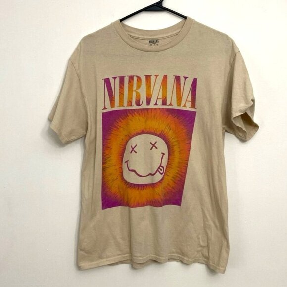 NIRVANA Band T-Shirt Smiley Face Women's M Tan Rock Grunge Kurt - Picture 1 of 4